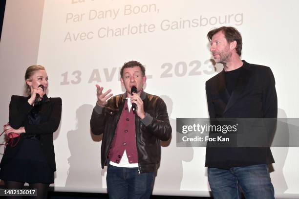 Charlotte Bouteloup, Dany Boon and CEO of Forbes France Dominique Busso attend "La Vie Pour De Vrai" screening party hosted by Oniriq Magazine at...