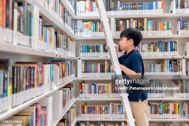 reading books is an infinite increase in knowledge. asia boy choosing textbook in the library at elementary school. the boy climbed the ladder in the library to find a book. have fun and enjoy reading book. education and learning concept. - singapore stock pictures, royalty-free photos & images