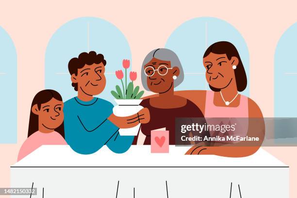 ilustraciones, imágenes clip art, dibujos animados e iconos de stock de una familia multigeneracional da regalos y tarjetas a la madre mayor para el día de la madre - visita
