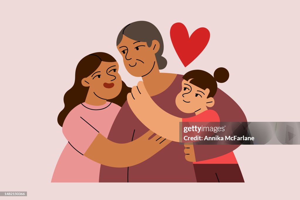 Duas filhas abraçam mãe solteira de meia-idade para o Dia das Mães