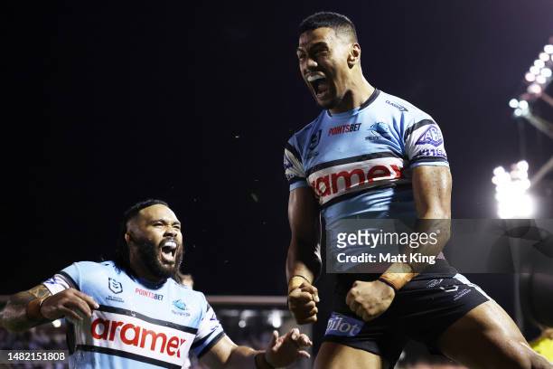 Ronaldo Mulitalo of the Sharks celebrates after scoring a try during the round seven NRL match between the Cronulla Sharks and Sydney Roosters at...
