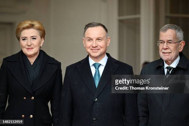 Polish First Lady Agata Kornhauser-Duda, Polish President Andrzej Duda and Austrian President Alexander van der Bellen pose for media on April 14,...