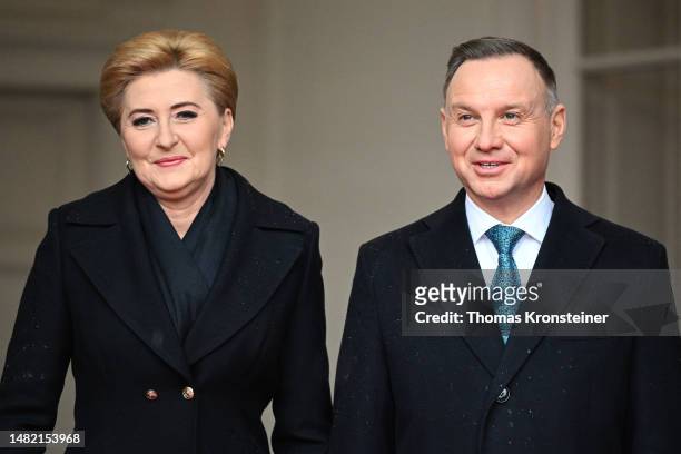Polish First Lady Agata Kornhauser-Duda and Polish President Andrzej Duda pose for media on April 14, 2023 in Vienna, Austria. President Duda is on a...