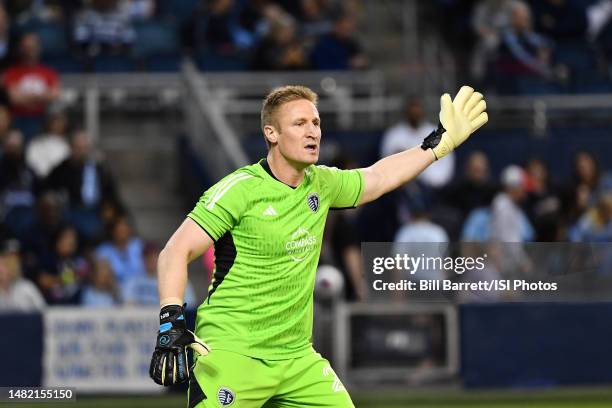 Tim Melia of Sporting Kansas City during a game between Colorado Rapids and Sporting Kansas City at Children's Mercy Park on April 8, 2023 in Kansas...