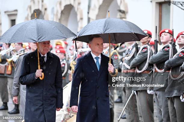 Austrian President Alexander van der Bellen and Polish President Andrzej Duda review the the honor guard on April 14, 2023 in Vienna, Austria....