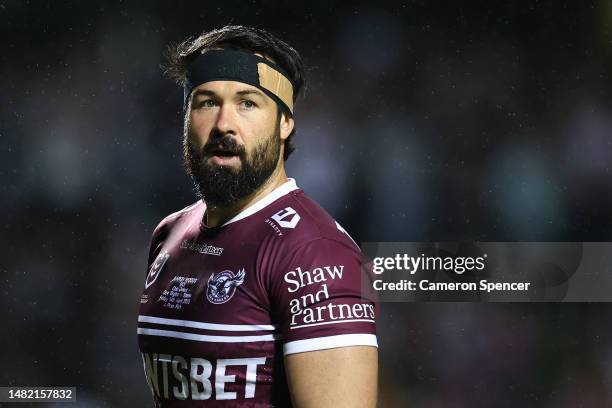 Aaron Woods of the Sea Eagles warms up during the round seven NRL match between Manly Sea Eagles and Melbourne Storm at 4 Pines Park on April 14,...