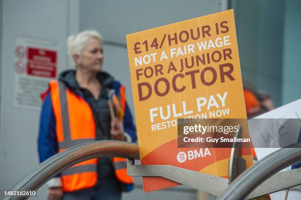 Junior Doctors attend their picket line at UCH on April 14, 2023 in London, England Junior doctors in England are holding a 96-hour walkout hoping to...