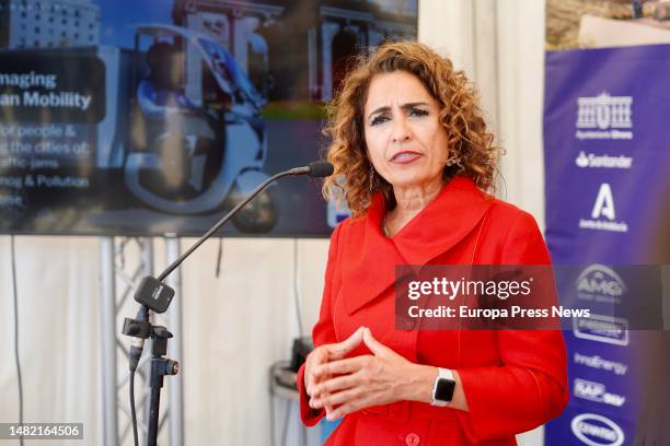 The Minister of Finance and Public Function, Maria Jesus Montero, talks to the media during her visit to the town. On April 14 in Utrera, Seville ....