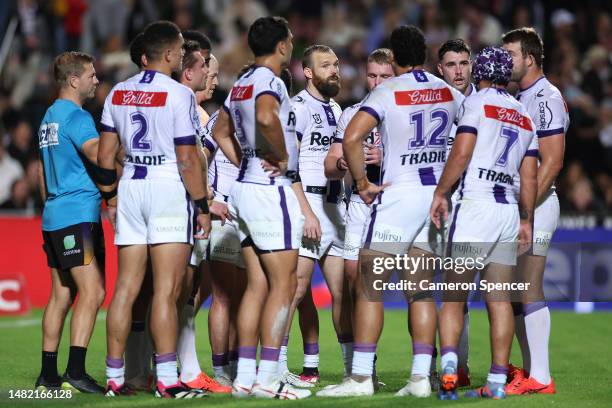 Storm players react after a Sea Eagles try during the round seven NRL match between the Manly Sea Eagles and Melbourne Storm at 4 Pines Park on April...