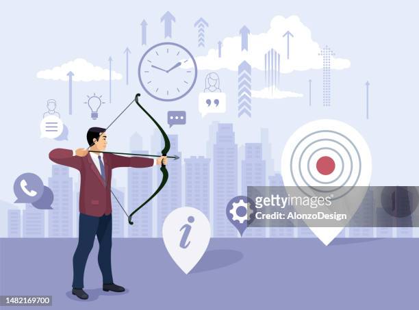 businessman focus to hit target with bow and arrow. business on target.  success. - archery target stock illustrations