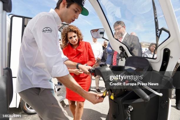 The Minister of Finance and Public Function, Maria Jesus Montero next to an electric vehicle during a visit to the Scoobic plant. On April 14 in...