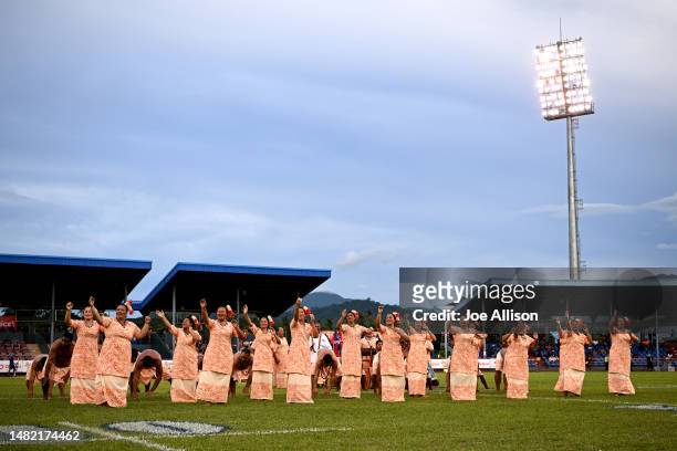 Cultural performance is seen at half time during the round eight Super Rugby Pacific match between Moana Pasifika and Queensland Reds at Apia Park...