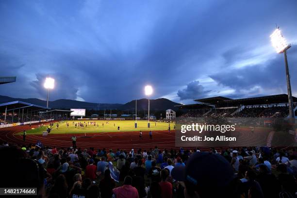 General view is seen during the round eight Super Rugby Pacific match between Moana Pasifika and Queensland Reds at Apia Park National Stadium, on...