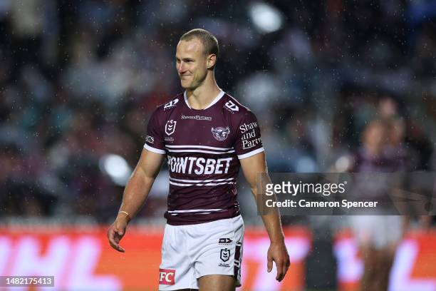 Daly Cherry-Evans of the Sea Eagles reacts during the round seven NRL match between the Manly Sea Eagles and Melbourne Storm at 4 Pines Park on April...