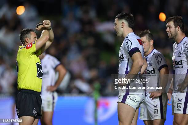 Referee Adam Gee places Trent Loiero of the Storm on report during the round seven NRL match between the Manly Sea Eagles and Melbourne Storm at 4...