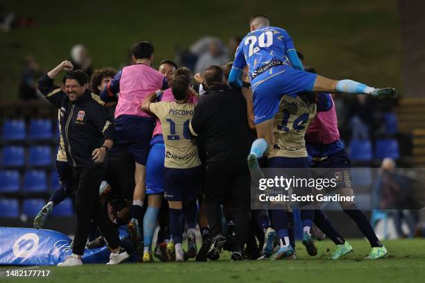 Jets players celebrate the goal of Brandon O'Neill of the Jets during the round 24 A-League Men's match between Newcastle Jets and Macarthur FC at...