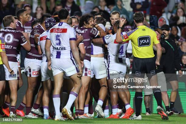 Sea Eagles and Storm players scuffle during the round seven NRL match between the Manly Sea Eagles and Melbourne Storm at 4 Pines Park on April 14,...