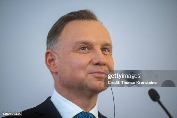 Polish President Andrzej Duda speaks during a joint press conference with Austrian President Alexander van der Bellen on April 14, 2023 in Vienna,...