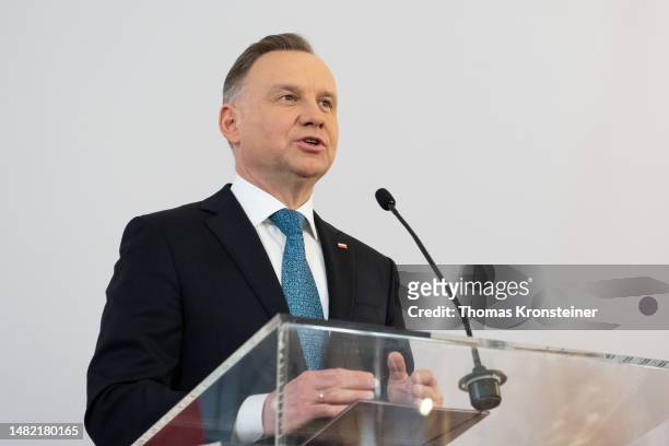 Polish President Andrzej Duda speaks during a joint press conference with Austrian President Alexander van der Bellen on April 14, 2023 in Vienna,...