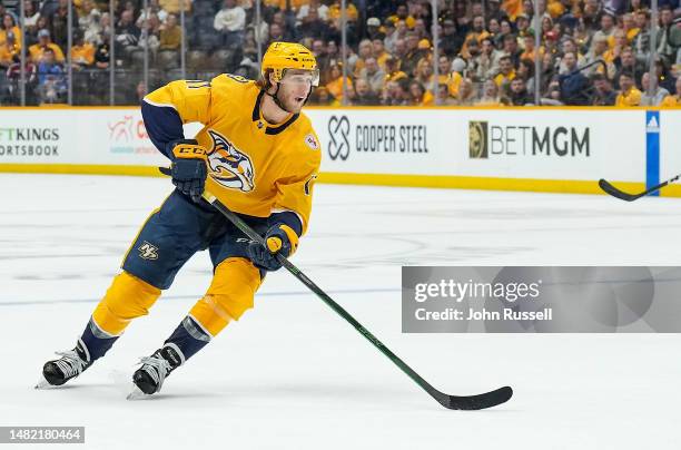 Mark Jankowski of the Nashville Predators skates against the Minnesota Wild during an NHL game at Bridgestone Arena on April 13, 2023 in Nashville,...