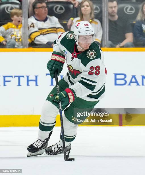 Gustav Nyquist of the Minnesota Wild skates against the Nashville Predators during an NHL game at Bridgestone Arena on April 13, 2023 in Nashville,...