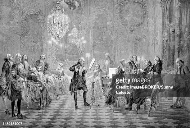 a concert by frederick the great, 1712 to 1786, here in potsdam, germany, historisch, historical, digitally improved reproduction of an original from the 19th century, digitally restored reproduction of an original from the 19th century, exact original - historisch 幅插畫檔、美工圖案、卡通及圖標