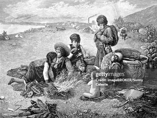 children caught some small fish and roast them over the open fire on the beach, malaga, spain, children caught some small fish and roast them over the open fire on the beach, spain, historic, historical, digitally improved reproduction of an original from - beach spain stock illustrations