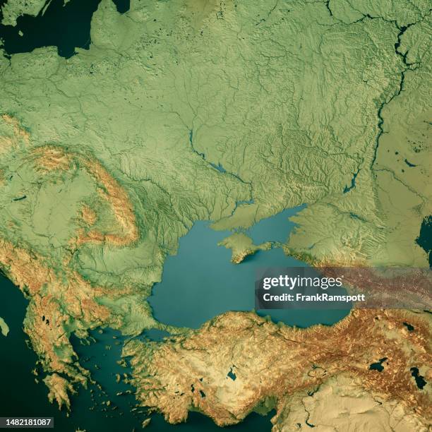 ucraina mar nero 3d render mappa topografica dark ocean color - crimea foto e immagini stock