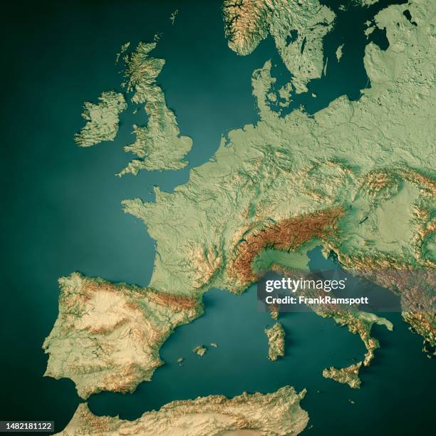 western europe 3d render topographic map dark ocean color - western europe stock pictures, royalty-free photos & images