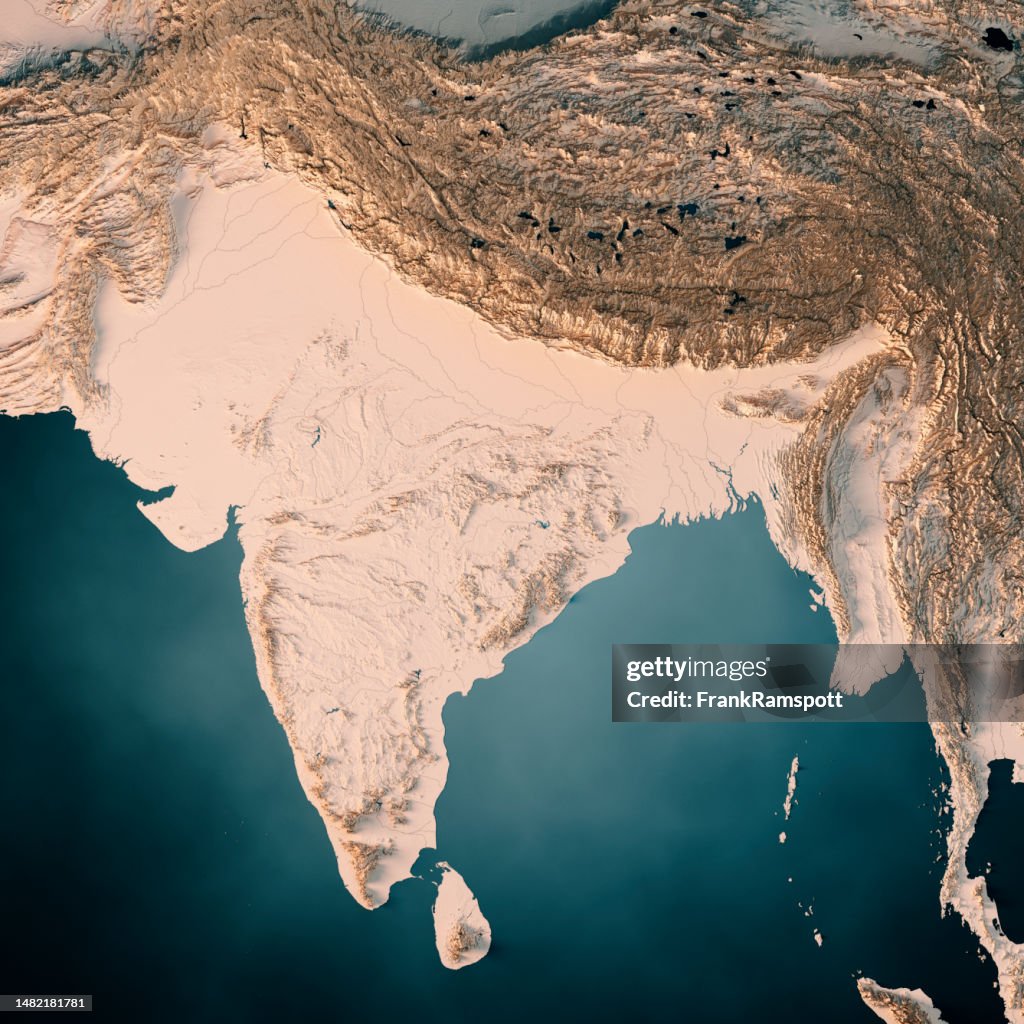 India 3D Render Topographic Map Dark Ocean Neutral