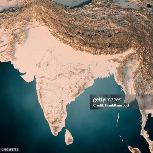 india 3d render topographic map dark ocean neutral - himalayas stock pictures, royalty-free photos & images