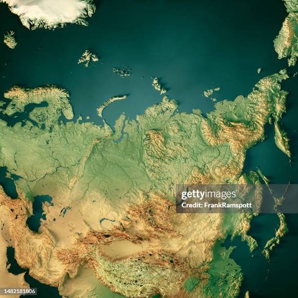 russia 3d render topographic map dark ocean color - novaya stock pictures, royalty-free photos & images