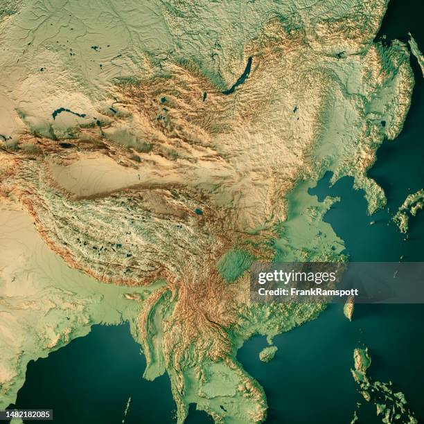 china 3d render mapa topográfico color océano oscuro - mapa en relieve fotografías e imágenes de stock