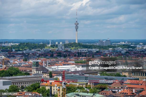 view over munich, university building of the technical university of munich, behind olympic tower and olympic park, munich, bavaria, germany - olympiapark stock pictures, royalty-free photos & images