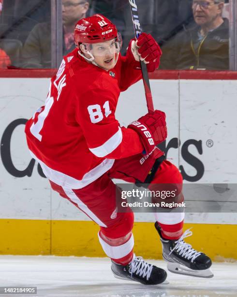 Dominik Kubalik of the Detroit Red Wings turns up ice during the first period of an NHL game against the Dallas Stars at Little Caesars Arena on...