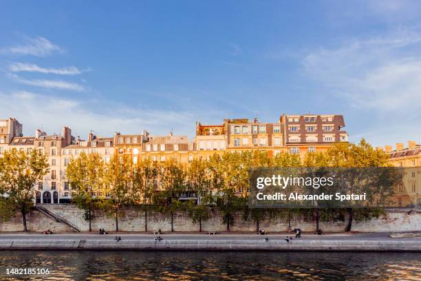 seine river waterfront and paris skyline on a sunny day, frace - quayside stock pictures, royalty-free photos & images