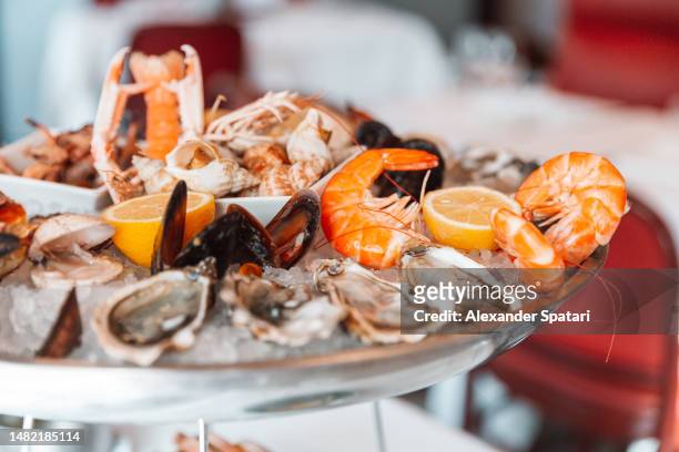 close-up of a seafood platter with oysters and shrimps in a luxury restaurant - seafood platter foto e immagini stock