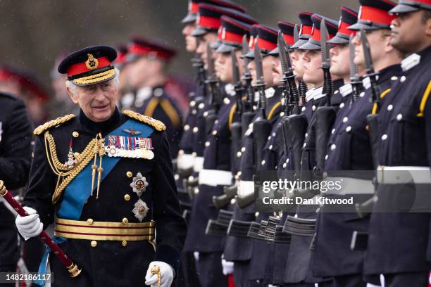 King Charles III inspects the 200th Sovereign's parade at Royal Military Academy Sandhurst on April 14, 2023 in Camberley, England. The parade marks...