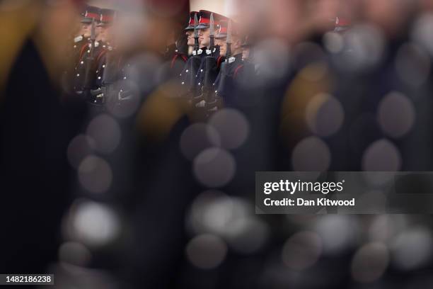 Cadets are seen prior to inspection by King Charles III during the 200th Sovereign's parade at Royal Military Academy Sandhurst on April 14, 2023 in...