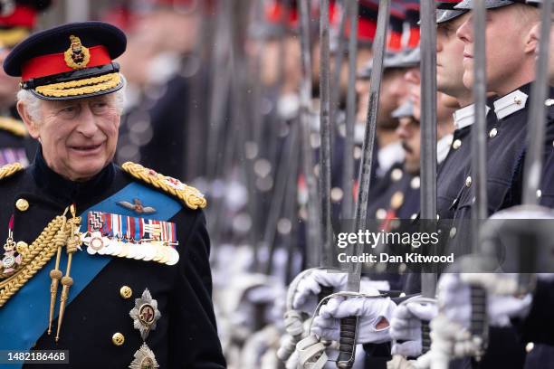 King Charles III inspects the 200th Sovereign's parade at Royal Military Academy Sandhurst on April 14, 2023 in Camberley, England. The parade marks...