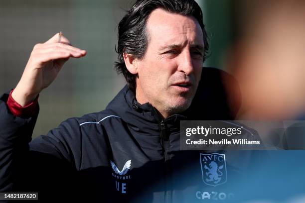 Unai Emery head coach of Aston Villa in action during a training session at Bodymoor Heath training ground on April 11, 2023 in Birmingham, England.