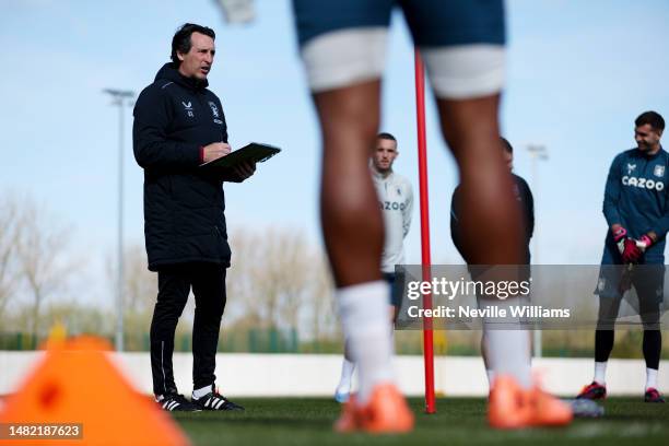 Unai Emery head coach of Aston Villa in action during a training session at Bodymoor Heath training ground on April 11, 2023 in Birmingham, England.