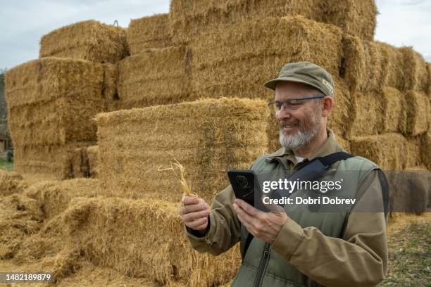 farmer in front of straw bales. - clipboard and glasses stock pictures, royalty-free photos & images