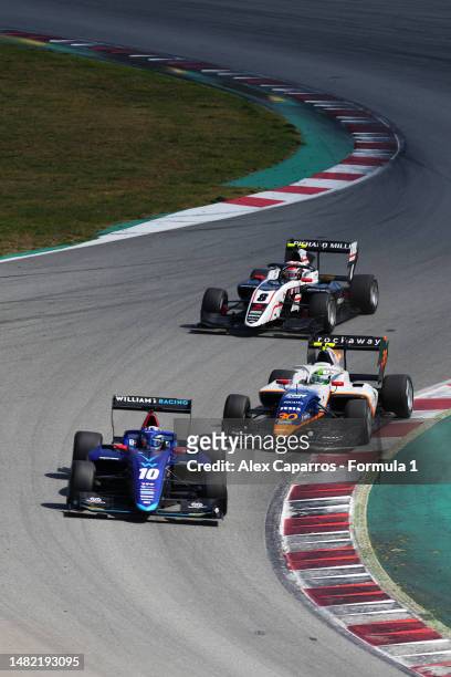 Franco Colapinto of Argentina and MP Motorsport leads Roberto Faria of Brazil and PHM Racing by Charouz and Gregoire Saucy of Switzerland and ART...