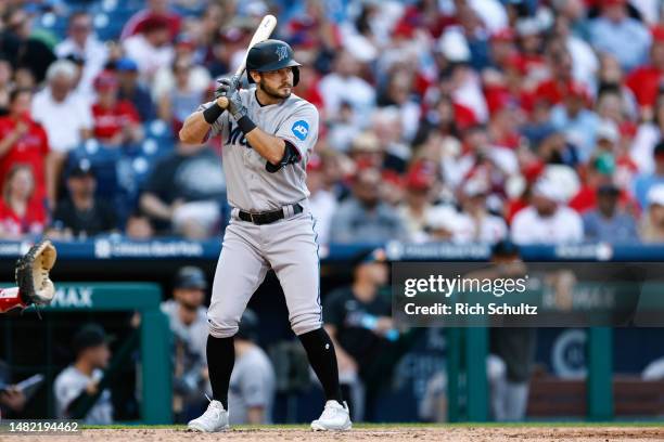 Garrett Hampson of the Miami Marlins in action against the Philadelphia Phillies during a game at Citizens Bank Park on April 12, 2023 in...