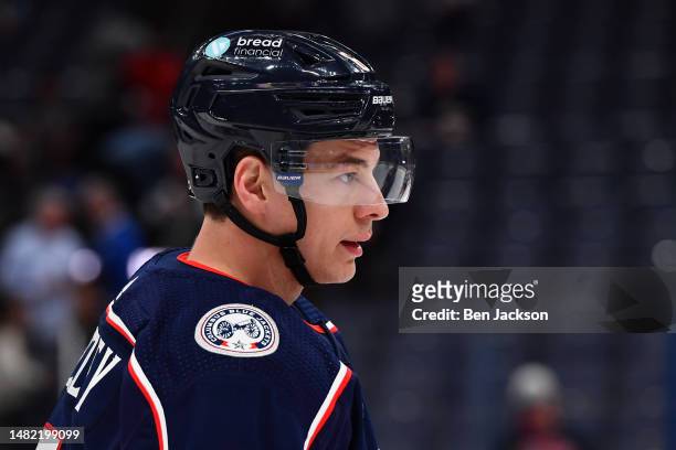 Billy Sweezey of the Columbus Blue Jackets warms up prior to a game against the Pittsburgh Penguins at Nationwide Arena on April 13, 2023 in...