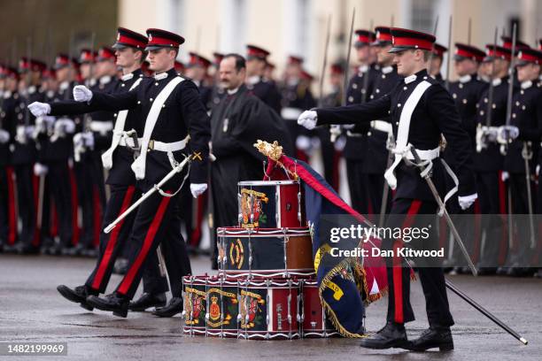 The Kings new 'colours' are paraded during the inspection of the 200th Sovereign's parade at Royal Military Academy Sandhurst on April 14, 2023 in...