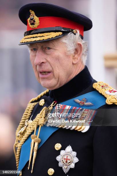 King Charles III inspects the 200th Sovereign's parade at Royal Military Academy Sandhurst on April 14, 2023 in Camberley, England. The parade marks...