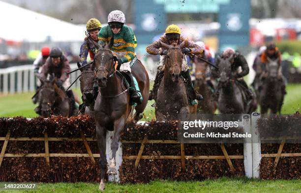 Inthepocket ridden by Rachael Blackmore jumps the final fence to win the Poundland Top Novices' Hurdle on Ladies Day during the second day of the...