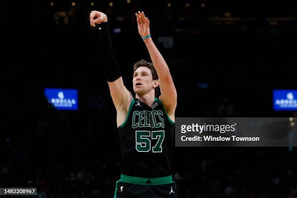 Mike Muscala of the Boston Celtics during the second half against the Atlanta Hawks at TD Garden on April 9, 2023 in Boston, Massachusetts. NOTE TO...
